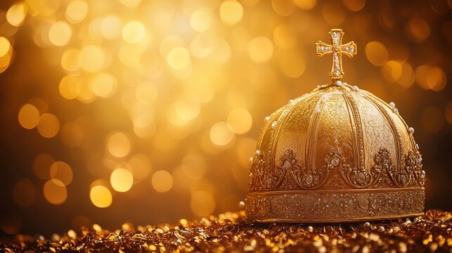 Pope hat on golden bokeh background 