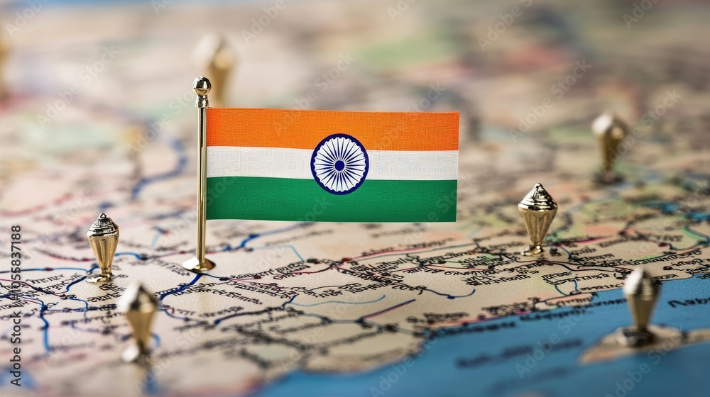Poster india digital flag and a network of location markers on the map, highlighting national pride on inde