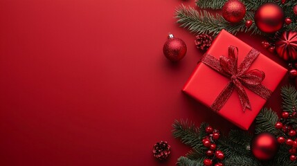 vibrant flat lay composition showcases a beautifully wrapped red gift box surrounded by Christmas ornaments and greenery perfect for holiday inspiration and celebrations.