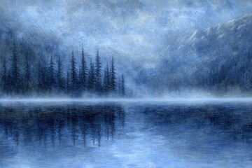 Misty mountain lake at dawn with serene landscape