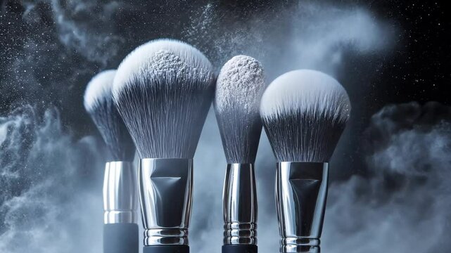 Four makeup brushes with powder flying off of them against a black background