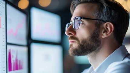 Business leader reviewing supply chain performance data on multiple monitors, real-time analytics in action