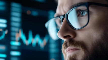 Economist reviewing supply statistics on a digital dashboard filled with charts and graphs, focused analysis