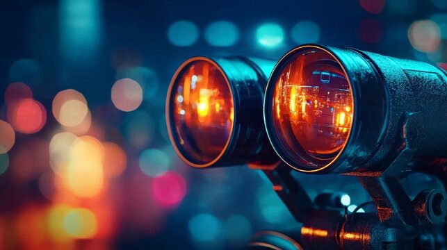 Binoculars focused on distant city lights at night