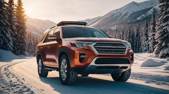 A family trip by SUV vehicle during the winter on a snowy road