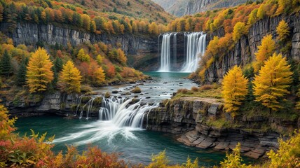 Autumn Waterfall with Colorful Leaves in the Forest. Peaceful Fall Waterfall Surrounded by Red and Orange Leaves.