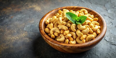 Fototapeta premium Roasted Cashew Nuts in a Wooden Bowl with a Sprig of Mint on a Rustic Background