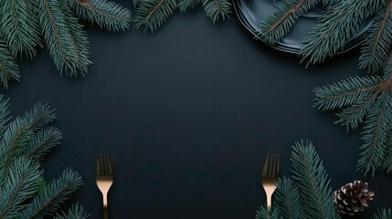 This elegant table features black plates and gold cutlery amidst dark green pine branches and candles, creating a warm, festive atmosphere for Christmas celebrations