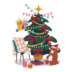 Christmas backdrop or banner with New Year home decor. Vector festive card. Winter cozy interior or studio photo zone composition. Decorated fir tree with presents or gifts. New Year decorations.