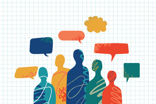 A diverse group of people, each of whom has their own unique point of view and wants to say something. Colorful speech bubbles represent a variety of ideas and opinions.