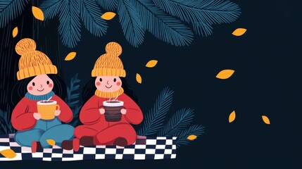 Naklejka premium Cozy Friends Enjoying Warm Drinks on Checkered Blanket