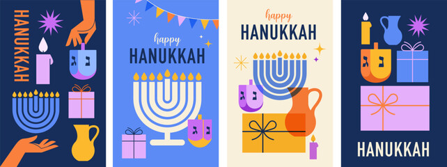 Happy Hanukkah banner, vertical cards, background, posters set. Modern design for traditional holiday. Menorah, dove, candles and dreidel illustrations