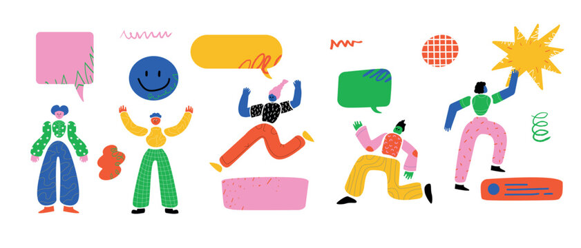 A group of joyful and interacting characters with bright speech bubbles next to them.