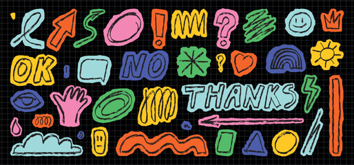 A playful set of handwritten words and abstract shapes on torn pieces of paper created using various colors and lines of doodles.