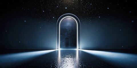 A celestial gateway, a luminous archway leading to the unknown, bathed in ethereal light against a backdrop of twinkling stars.