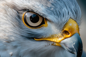 Close-up of a falcon's sharp eyes, its beak slightly open as it focuses on its prey during a falconry session.