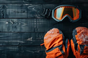 Mockup of snowboard tips and tricks with mask and gloves on black wooden table