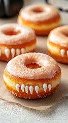 Halloween-themed donuts with vampire teeth and ghostly frosting patterns, arranged in a creepy setting