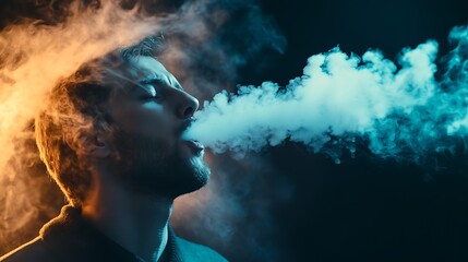 A man exhaling a large cloud of vapor from an electronic cigarette in front of a dark background