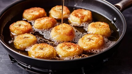 Crispy Golden Banana Fritters in a Frying Pan