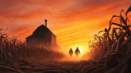 Fototapeta premium Haunted hayride through a spooky farm, eerie figures standing among the crops