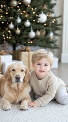 A little boy lies happily on the floor beside his puppy, captured in a cozy atmosphere near a Christmas tree adorned with lights and presents