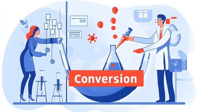Conversion Rate Optimization: A scientist adjusting knobs on a conversion funnel. The funnel narrows as visitors move toward the &ldquo;Conversion&rdquo; beaker. (conversion rate, scientist, funnel) 