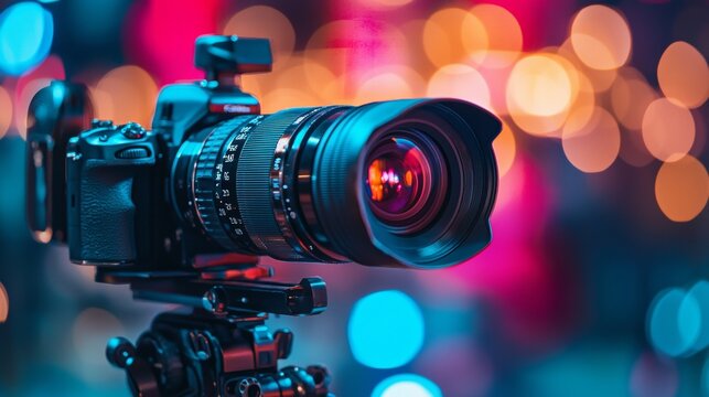 Fototapeta A HighQuality DSLR Camera with a Zoom Lens Positioned Against a Beautiful and Colorful Bokeh Background