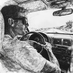 A man driving a car on a road, black and white sketch.
