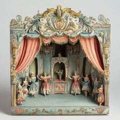 A miniature stage with a group of ballerinas performing.