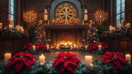 Obraz premium Cozy holiday scene with a fireplace, candles, and festive decorations.