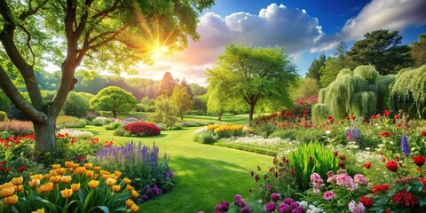 Fototapeta premium Lush green garden with vibrant flowers and trees in a sunny meadow, nature, gardening, garden
