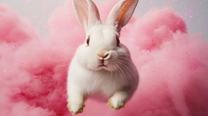 Closeup of a White Rabbit Surrounded by Pink Clouds