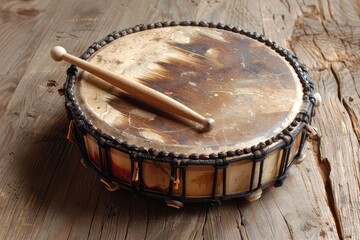 Fototapeta premium Native American style shaman goat skin drum with beater handmade