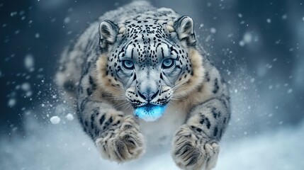 Fototapeta premium Snow Leopard Captured in Majestic Closeup Action Shot