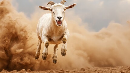 Fototapeta premium Playful Goat Leaping in Dusty Landscape