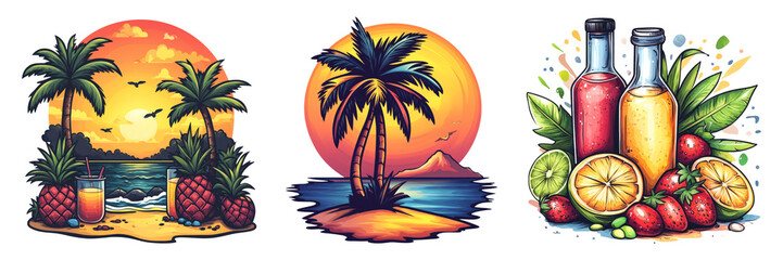 Tropical Beach Scenery with Drinks and Fruits Design