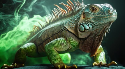 Obraz premium Closeup of a Vibrant Green Iguana with Artistic Smoke