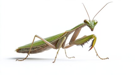 Green Praying Mantis with Spiky Forelegs on White Background