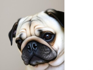 Pug dog with gray fur peering out from behind a corner, only half of its head visible, dog, funny, breed