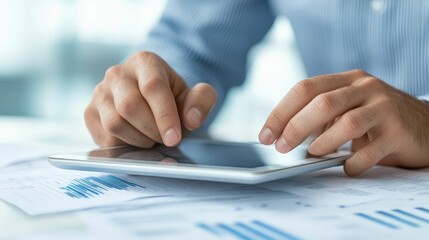 Business analyst reviewing supply trends on a tablet, surrounded by financial reports