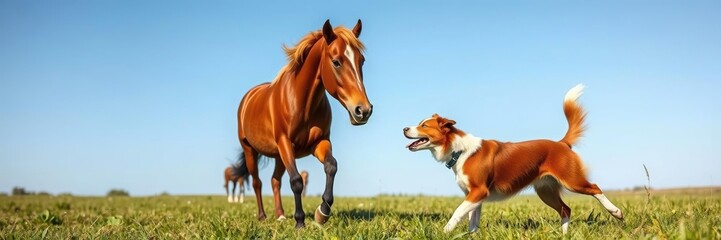 Fototapeta premium Red Border Collie dog playing with a horse in a lush green field under a clear blue sky, nature, summer
