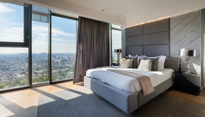 Modern bedroom interior with panoramic city view