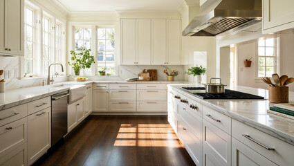 Modern kitchen interior with sunlight