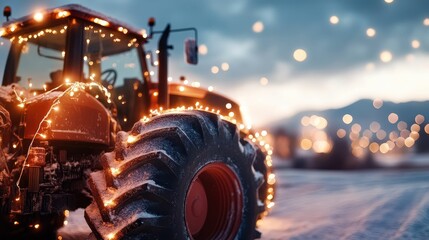 Farmer decorating a tractor with Christmas lights in a snowy field, festive atmosphere in the countryside