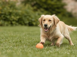 Selective focus of playful golden retriever dog chasing rubber ball on lush green lawn, playful, activity