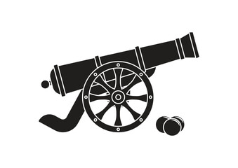 Silhouette of ancient pirate cannon vector flat design isolated on white background