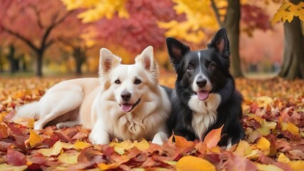 Obraz premium Two cute dogs peacefully lying in a bed of colorful autumn leaves, cozy, fall