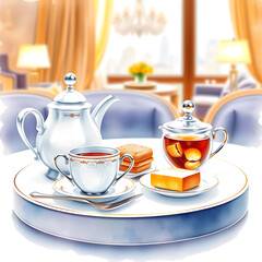 Fototapeta premium Luxury hotel afternoon tea set, watercolor illustration on white background. Generative AI