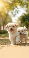 Two fluffy small dogs enjoying a playful romp in the sunshine, happiness, fluffy